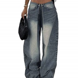 1pc Women'S High Waist Wide-Leg Faux Denim, Casual Style Solid Color Long Pants, Polyester Knit Fabric with Button Detail, All-Season Loose Fit Faux Denim Trousers