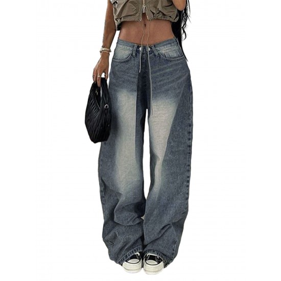 1pc Women'S High Waist Wide-Leg Faux Denim, Casual Style Solid Color Long Pants, Polyester Knit Fabric with Button Detail, All-Season Loose Fit Faux Denim Trousers