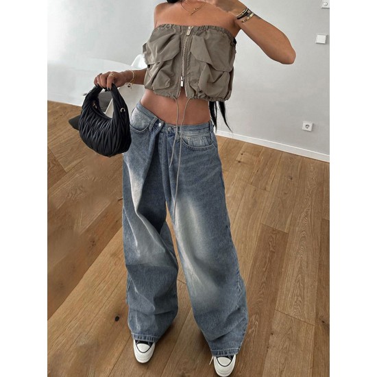 1pc Women'S High Waist Wide-Leg Faux Denim, Casual Style Solid Color Long Pants, Polyester Knit Fabric with Button Detail, All-Season Loose Fit Faux Denim Trousers