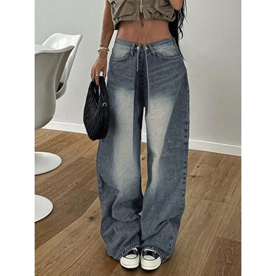 1pc Women'S High Waist Wide-Leg Faux Denim, Casual Style Solid Color Long Pants, Polyester Knit Fabric with Button Detail, All-Season Loose Fit Faux Denim Trousers