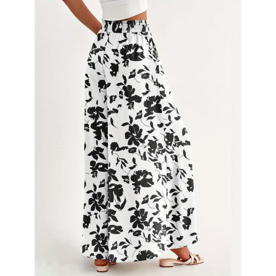 Floral Print Wide Leg Baggy Pants, Casual Drawstring Elastic Waist With Pockets Pants For Spring & Summer, Women's Clothing