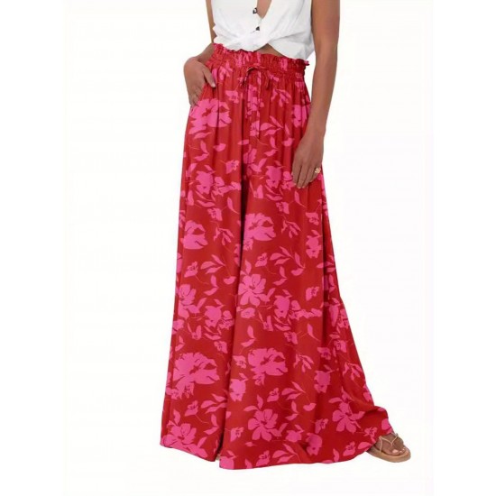 Floral Print Wide Leg Baggy Pants, Casual Drawstring Elastic Waist With Pockets Pants For Spring & Summer, Women's Clothing