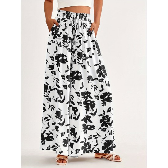 Floral Print Wide Leg Baggy Pants, Casual Drawstring Elastic Waist With Pockets Pants For Spring & Summer, Women's Clothing