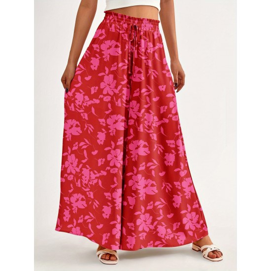 Floral Print Wide Leg Baggy Pants, Casual Drawstring Elastic Waist With Pockets Pants For Spring & Summer, Women's Clothing