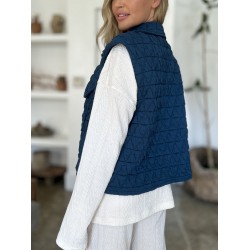 Women's Casual Quilted Vest - Sleeveless, Snap-Button, Relaxed Fit with Collar & Pockets, Navy Black - Perfect for Spring/Fall/Winter Outdoor Activities