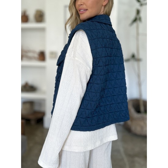 Women's Casual Quilted Vest - Sleeveless, Snap-Button, Relaxed Fit with Collar & Pockets, Navy Black - Perfect for Spring/Fall/Winter Outdoor Activities