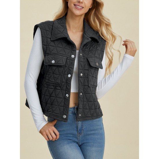 Women's Casual Quilted Vest - Sleeveless, Snap-Button, Relaxed Fit with Collar & Pockets, Navy Black - Perfect for Spring/Fall/Winter Outdoor Activities