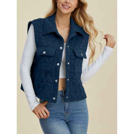 Women's Casual Quilted Vest - Sleeveless, Snap-Button, Relaxed Fit with Collar & Pockets, Navy Black - Perfect for Spring/Fall/Winter Outdoor Activities