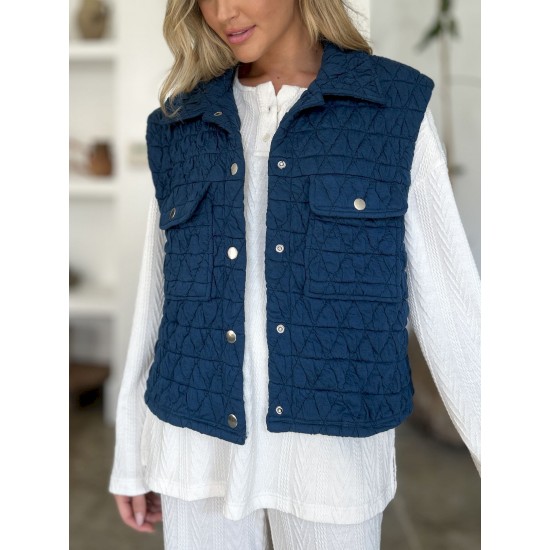 Women's Casual Quilted Vest - Sleeveless, Snap-Button, Relaxed Fit with Collar & Pockets, Navy Black - Perfect for Spring/Fall/Winter Outdoor Activities