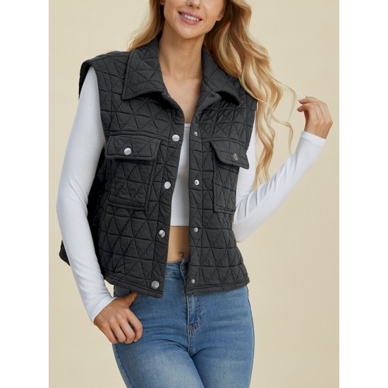 Women's Casual Quilted Vest - Sleeveless, Snap-Button, Relaxed Fit with Collar & Pockets, Navy Black - Perfect for Spring/Fall/Winter Outdoor Activities