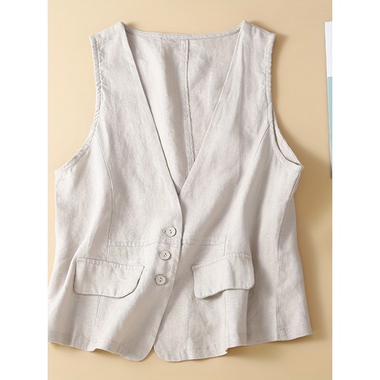 1pc Women'S Plus Size Casual Linen V-Neck Sleeveless Vest - Solid Color Knit Fabric Button-Down Leisure Tank Top