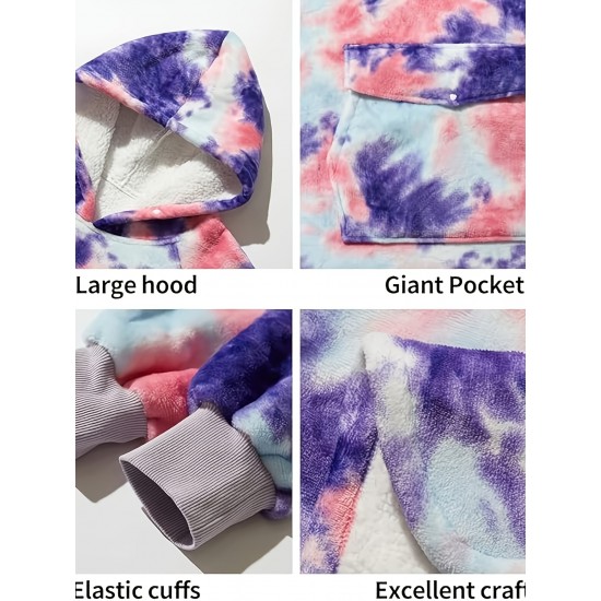 Cozy Oversized Sherpa Fleece Hoodie Blanket - Tie-Dye Wearable Blanket with Giant Pocket, Soft & Warm Shawl Wrap for Women and Men, Perfect Birthday Gift, Non-Stretch Knit Fabric, Hand Washable