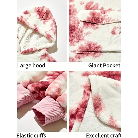 Cozy Oversized Sherpa Fleece Hoodie Blanket - Tie-Dye Wearable Blanket with Giant Pocket, Soft & Warm Shawl Wrap for Women and Men, Perfect Birthday Gift, Non-Stretch Knit Fabric, Hand Washable