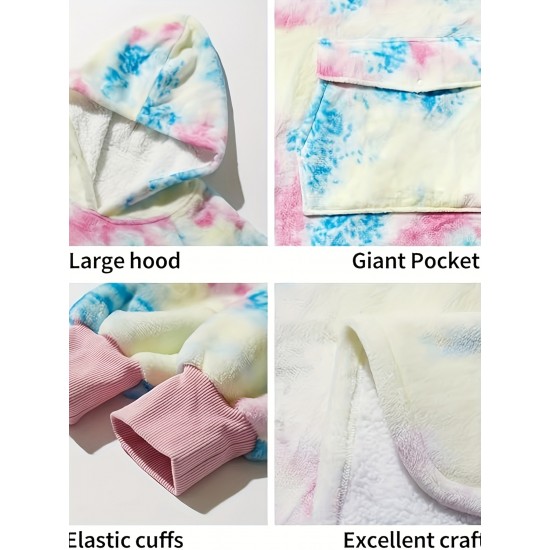 Cozy Oversized Sherpa Fleece Hoodie Blanket - Tie-Dye Wearable Blanket with Giant Pocket, Soft & Warm Shawl Wrap for Women and Men, Perfect Birthday Gift, Non-Stretch Knit Fabric, Hand Washable