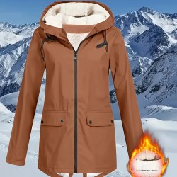 Plus Size Plush Lined Hooded Coat, Casual Long Sleeve Zipper Warm Coat For Winter, Women's Plus Size Clothing