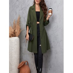 Women Plus Size Casual Coat, Long Sleeve Lapel Collar Button Closure Drawstring Fall Outwear Trendy Clothing for Daily