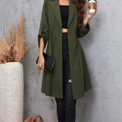 Women Plus Size Casual Coat, Long Sleeve Lapel Collar Button Closure Drawstring Fall Outwear Trendy Clothing for Daily