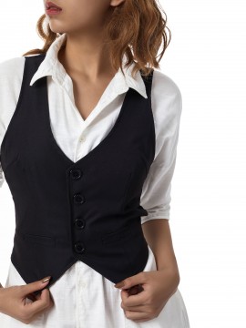 Chic Black Striped V-Neck Sleeveless Waistcoat for Women - Casual & Dressy, Slim Fit Crop Top with Button Detail