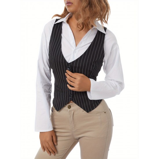 Chic Black Striped V-Neck Sleeveless Waistcoat for Women - Casual & Dressy, Slim Fit Crop Top with Button Detail