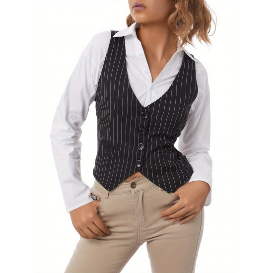 Chic Black Striped V-Neck Sleeveless Waistcoat for Women - Casual & Dressy, Slim Fit Crop Top with Button Detail