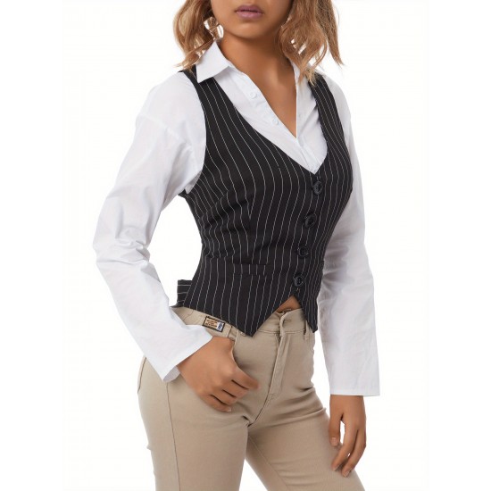 Chic Black Striped V-Neck Sleeveless Waistcoat for Women - Casual & Dressy, Slim Fit Crop Top with Button Detail