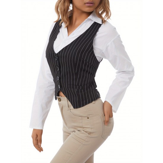 Chic Black Striped V-Neck Sleeveless Waistcoat for Women - Casual & Dressy, Slim Fit Crop Top with Button Detail