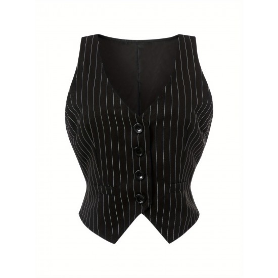 Chic Black Striped V-Neck Sleeveless Waistcoat for Women - Casual & Dressy, Slim Fit Crop Top with Button Detail