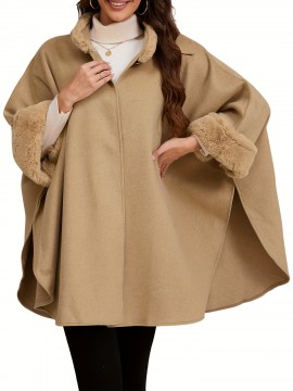 Chic Women's Cloak with Faux Fur Trim - 3/4 Sleeve, Button Closure, V-Neck Outerwear for Casual Wear