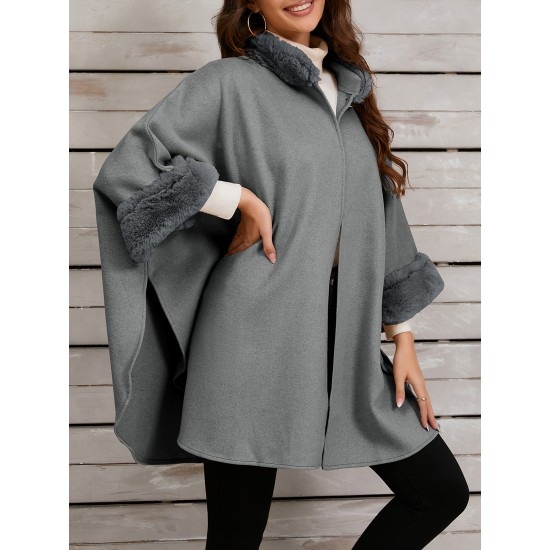 Chic Women's Cloak with Faux Fur Trim - 3/4 Sleeve, Button Closure, V-Neck Outerwear for Casual Wear