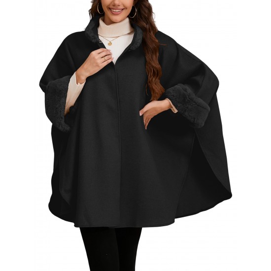 Chic Women's Cloak with Faux Fur Trim - 3/4 Sleeve, Button Closure, V-Neck Outerwear for Casual Wear