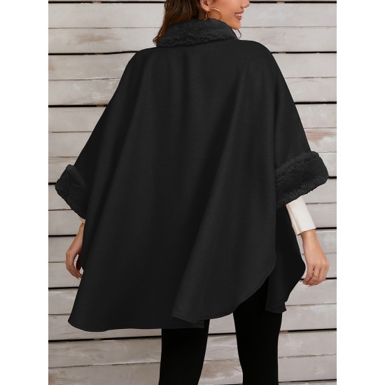 Chic Women's Cloak with Faux Fur Trim - 3/4 Sleeve, Button Closure, V-Neck Outerwear for Casual Wear