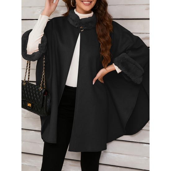 Chic Women's Cloak with Faux Fur Trim - 3/4 Sleeve, Button Closure, V-Neck Outerwear for Casual Wear