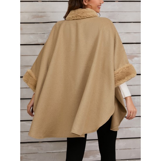 Chic Women's Cloak with Faux Fur Trim - 3/4 Sleeve, Button Closure, V-Neck Outerwear for Casual Wear