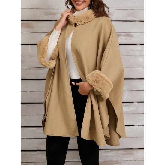 Chic Women's Cloak with Faux Fur Trim - 3/4 Sleeve, Button Closure, V-Neck Outerwear for Casual Wear