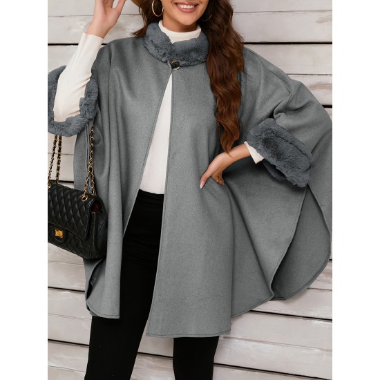 Chic Women's Cloak with Faux Fur Trim - 3/4 Sleeve, Button Closure, V-Neck Outerwear for Casual Wear