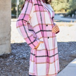 Chic Women's Plaid Long Coat - Double-Breasted, Lapel Collar with Full-Length Sleeves | Warm & Cozy for Fall/Winter | Machine Washable