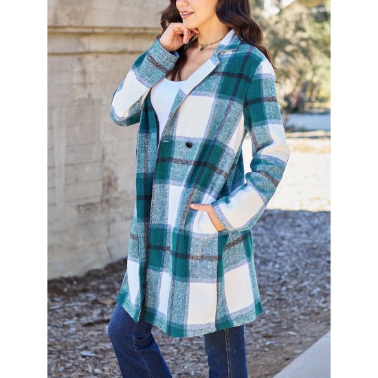 Chic Women's Plaid Long Coat - Double-Breasted, Lapel Collar with Full-Length Sleeves | Warm & Cozy for Fall/Winter | Machine Washable