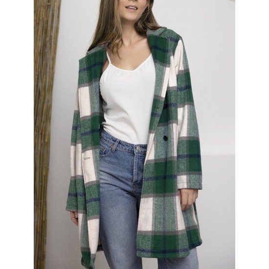 Chic Women's Plaid Long Coat - Double-Breasted, Lapel Collar with Full-Length Sleeves | Warm & Cozy for Fall/Winter | Machine Washable