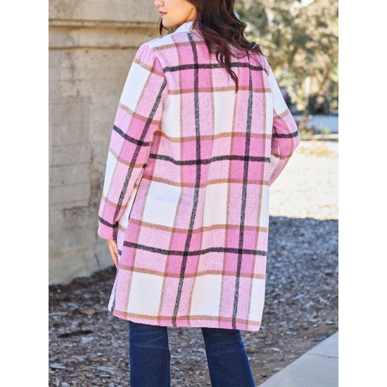 Chic Women's Plaid Long Coat - Double-Breasted, Lapel Collar with Full-Length Sleeves | Warm & Cozy for Fall/Winter | Machine Washable