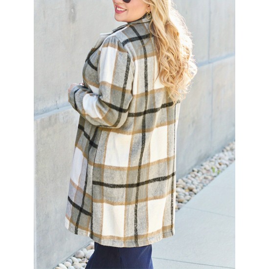 Chic Women's Plaid Long Coat - Double-Breasted, Lapel Collar with Full-Length Sleeves | Warm & Cozy for Fall/Winter | Machine Washable