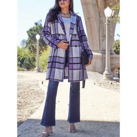 Chic Women's Plaid Long Coat - Double-Breasted, Lapel Collar with Full-Length Sleeves | Warm & Cozy for Fall/Winter | Machine Washable