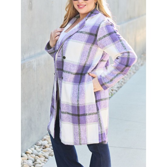 Chic Women's Plaid Long Coat - Double-Breasted, Lapel Collar with Full-Length Sleeves | Warm & Cozy for Fall/Winter | Machine Washable