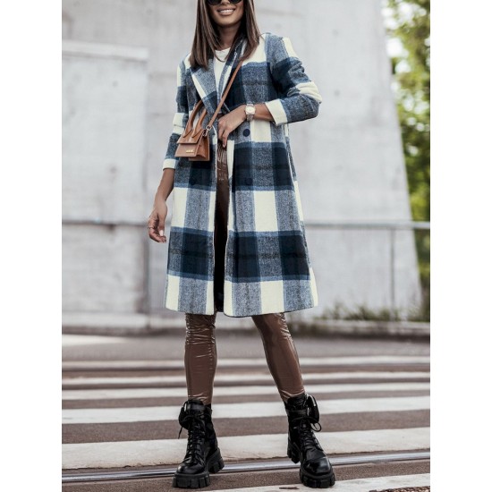 Chic Women's Plaid Long Coat - Double-Breasted, Lapel Collar with Full-Length Sleeves | Warm & Cozy for Fall/Winter | Machine Washable