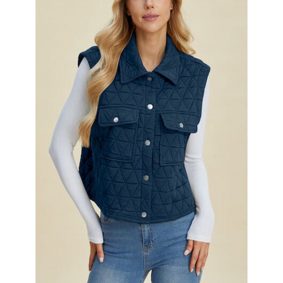 Women’s Casual Vest Coat Basic Quilted Pocketed Texture Snap Down Vest Navy Black Sleeveless Snap-Button Relaxed Fit Collared Cropped Outerwear with Diamond Pattern Spring/ Fall/ Winter Layering Piece for Outdoor Activities