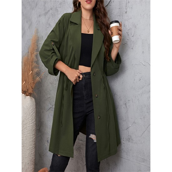 Elegant Plus Size Women's Jacket - Long Sleeve, Lapel Collar with Drawstring Waist, Button Closure - Machine Washable Fall Outerwear