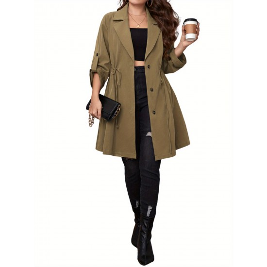 Elegant Plus Size Women's Jacket - Long Sleeve, Lapel Collar with Drawstring Waist, Button Closure - Machine Washable Fall Outerwear