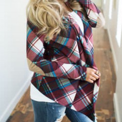 Women Plus Size Plaid Cardigan Coats Casual Long Sleeve Asymmetric Open Front Elbow Patch Lapel Outwear