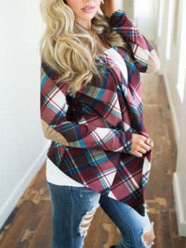 Women Plus Size Plaid Cardigan Coats Casual Long Sleeve Asymmetric Open Front Elbow Patch Lapel Outwear