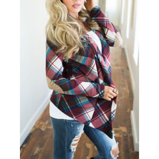 Women Plus Size Plaid Cardigan Coats Casual Long Sleeve Asymmetric Open Front Elbow Patch Lapel Outwear