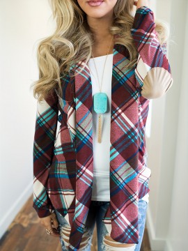 Women Plus Size Plaid Cardigan Coats Casual Long Sleeve Asymmetric Open Front Elbow Patch Lapel Outwear